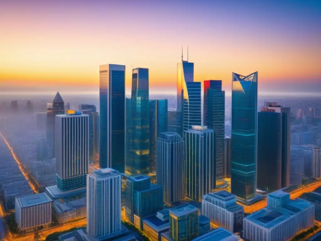 Horizonte urbano diverso: Inversiones REIT en atardecer Una ciudad diversa llena de rascacielos modernos bañados por la luz dorada del atardecer