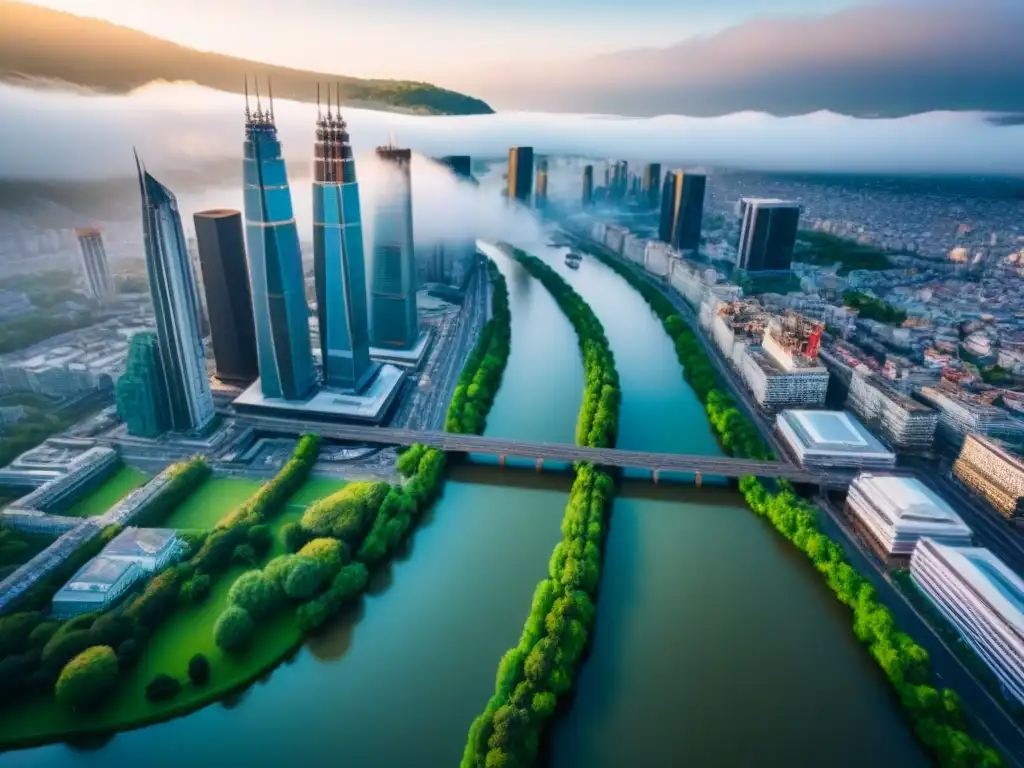 Inversión inmobiliaria: Ciudad diversa con río y rascacielos Una ciudad diversa con rascacielos modernos y edificios históricos, cortada por un río vibrante
