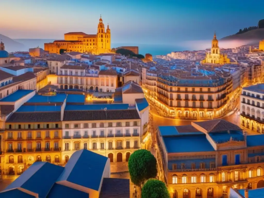 Espléndida vista aérea: arquitectura histórica y moderna en ciudad española La ciudad española bulliciosa muestra la mezcla de arquitectura histórica y rascacielos modernos bajo un cielo azul