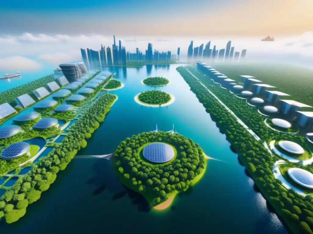 Ciudad flotante futurista ecoamigable en 8k ultradetallada Una ciudad flotante futurista sostenible con diseño innovador y vegetación integrada, rodeada de aguas cristalinas y tecnología ecofriendly