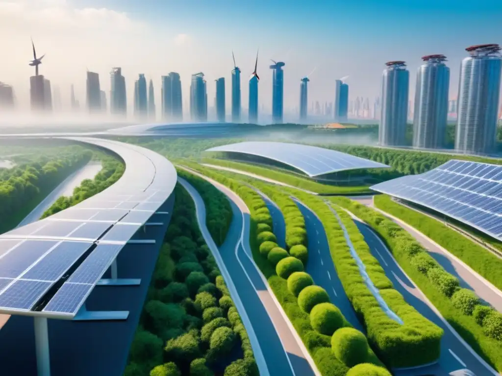 Metrópolis futurista: arquitectura sostenible en armonía con la naturaleza Una ciudad futurista con arquitectura innovadora y sustentable