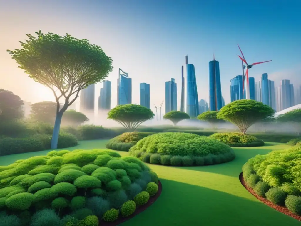Metrópolis verde: arquitectura futurista en armonía con la naturaleza Una ciudad futurista donde la vegetación se fusiona con la arquitectura moderna, mostrando una restauración de paisajes naturales