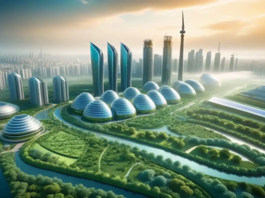 Metrópolis futurista sostenible: arquitectura eco innovadora Una ciudad futurista con arquitectura sostenible y energías renovables, promoviendo las leyes conservación inmobiliaria 2023