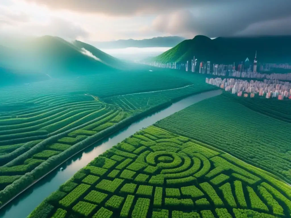 Visión futurista: ciudad ecológica integrada en la naturaleza Una ciudad futurista con arquitectura sustentable, techos verdes, paneles solares y jardines verticales, rodeada de naturaleza