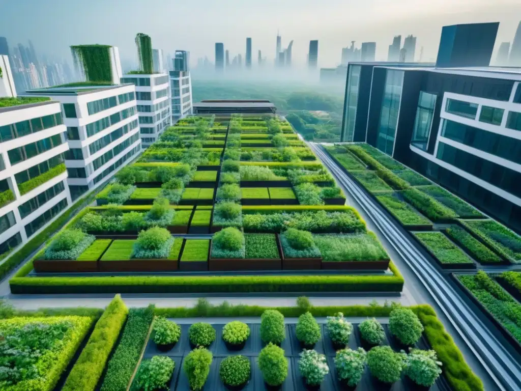 Metrópolis sostenible: arquitectura innovadora entre naturaleza urbana Una ciudad futurista con arquitectura sustentable integrada en un entorno verde, desafiando la contaminación urbana