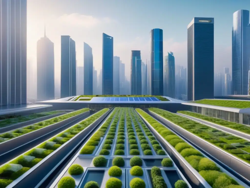 Futurismo sostenible: Ciudad verde del mañana Una ciudad futurista con arquitectura tradicional y sostenible, integrando techos verdes y paneles solares
