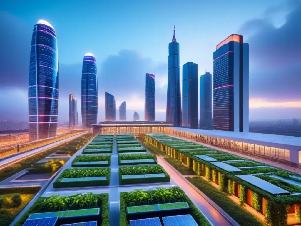 Metrópolis futurista: Edificios iluminados y tecnología avanzada Ciudad futurista al atardecer con rascacielos iluminados por luces neón, autos autónomos y drones