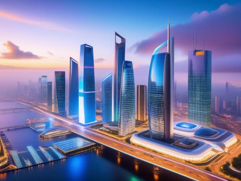 Metrópolis futurista: Seguro de propiedades comerciales en la era digital Una ciudad futurista al atardecer, con rascacielos iluminados y pantallas holográficas mostrando gráficos sobre seguros propiedades comerciales mercado inmobiliario