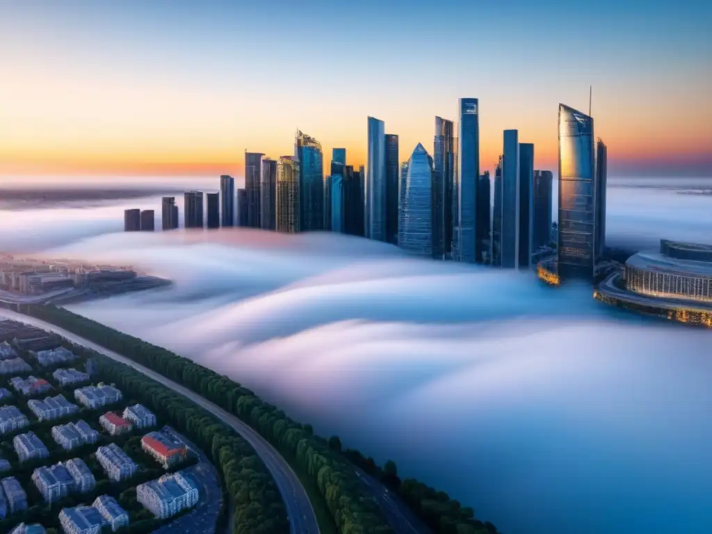 Metrópolis futurista al atardecer: innovación urbana en clave dorada Una ciudad futurista bañada por la cálida luz del atardecer, reflejando un efecto tasas interés mercado inmobiliario