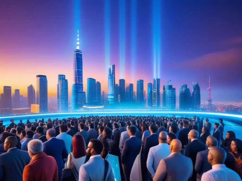 Metrópolis futurista: inversión inmobiliaria global y tendencias económicas Una ciudad futurista bulliciosa al anochecer, con rascacielos iluminados y profesionales discutiendo tendencias económicas globales