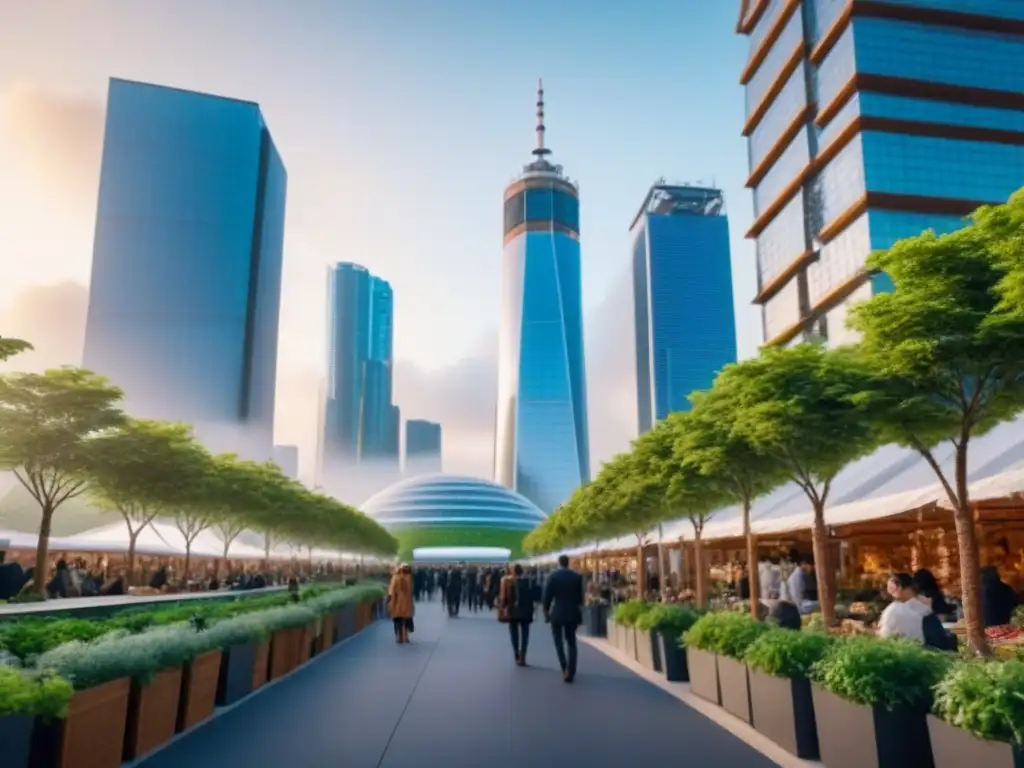 Metrópolis futurista eco-sostenible: armonía entre naturaleza y tecnología Una ciudad futurista bulliciosa con rascacielos sostenibles, rodeada de vegetación y fuentes de energía renovable