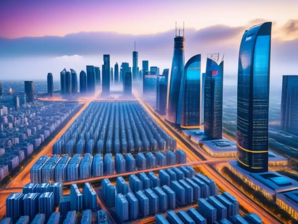 Centros de Préstamos Automatizados en la Ciudad del Futuro Una ciudad futurista con centros de procesamiento de préstamos automatizados integrados en el entorno urbano