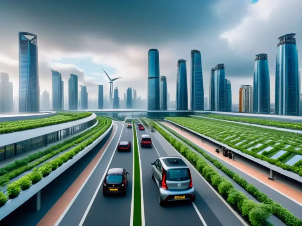 Cityscape futurista con infraestructura verde y diversidad urbana Una ciudad futurista bajo un cielo tormentoso, con infraestructura verde avanzada integrada en rascacielos