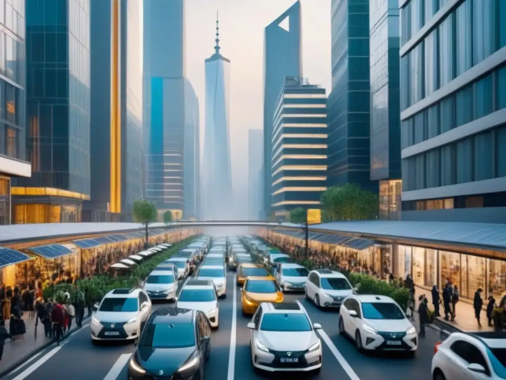 Metrópolis futurista: armonía urbana y sostenibilidad Una ciudad futurista con desarrollo urbano para combatir sobrepoblación, con sistemas de transporte avanzados y espacios verdes innovadores