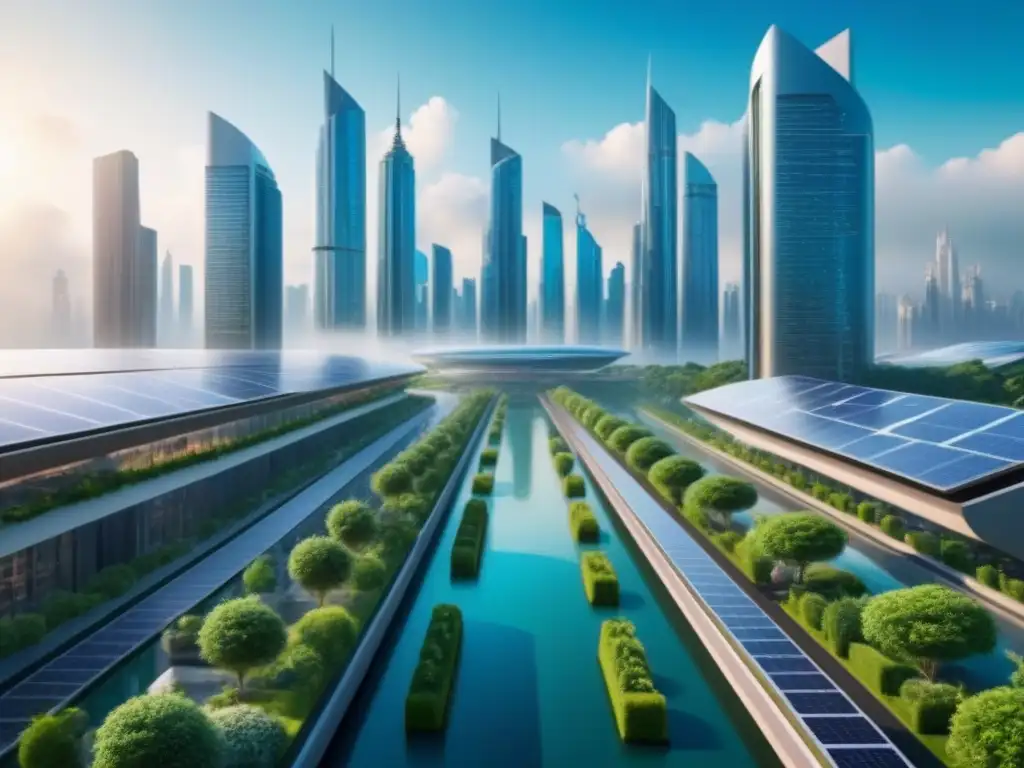 Metrópolis futurista: innovación y naturaleza en armonía Una ciudad futurista detallada y vibrante, con rascacielos interconectados por pasarelas transparentes, llenos de innovación y naturaleza