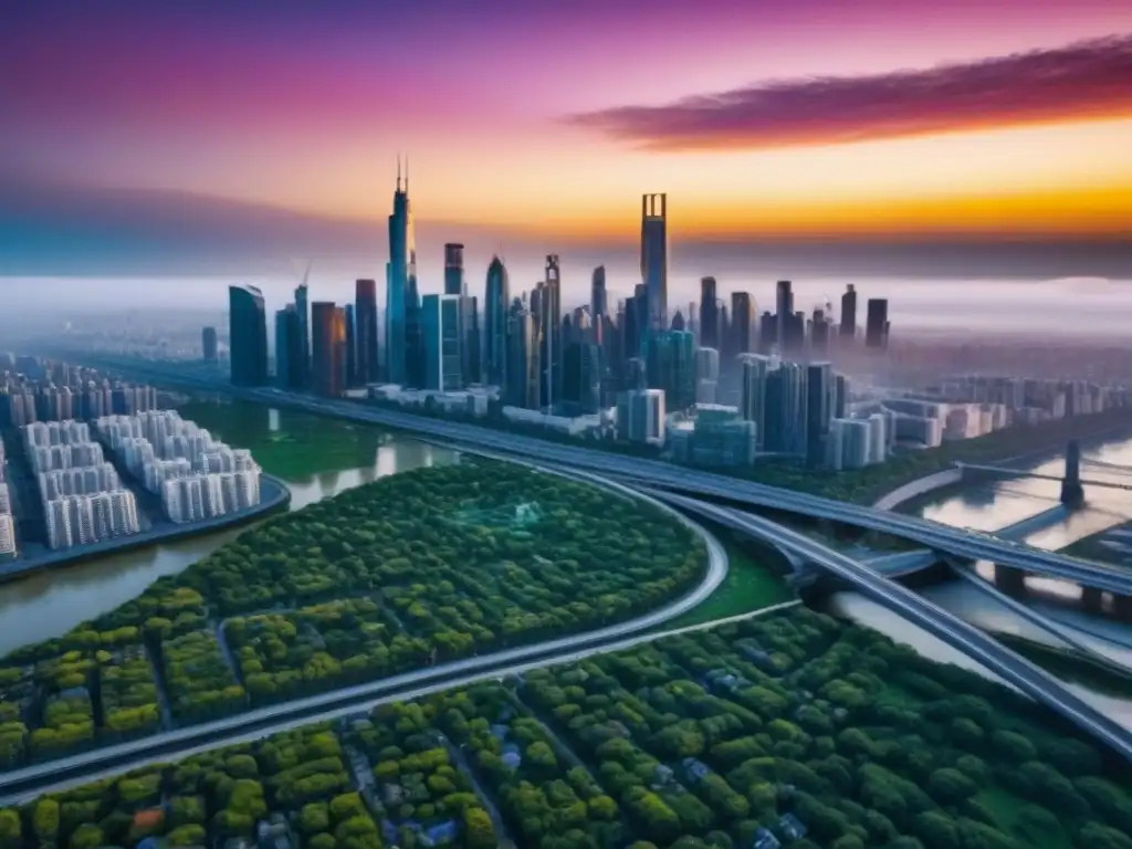 Horizonte urbano futurista en 8k con arquitectura sostenible Ciudad futurista con diversidad inmobiliaria y diseño sostenible, iluminada por el sol