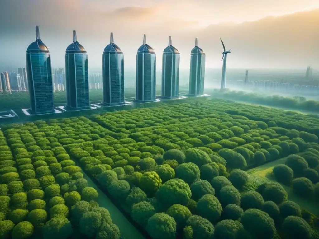 Metrópolis ecoamigable: arquitectura sostenible en armonía con la naturaleza Una ciudad futurista ecoamigable con rascacielos sostenibles, paneles solares y turbinas eólicas