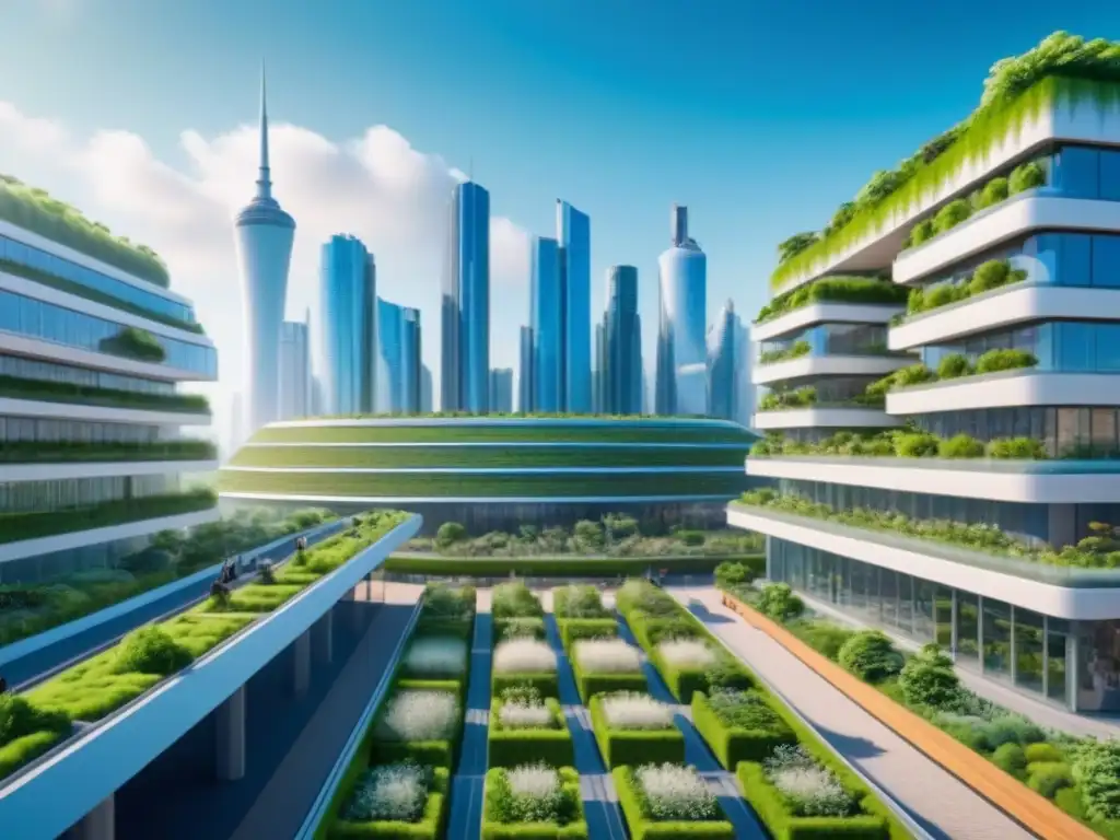 Cityscape ecológico: arquitectura sostenible en 8k Una ciudad futurista y ecológica con arquitectura sustentable, reduciendo la contaminación urbana