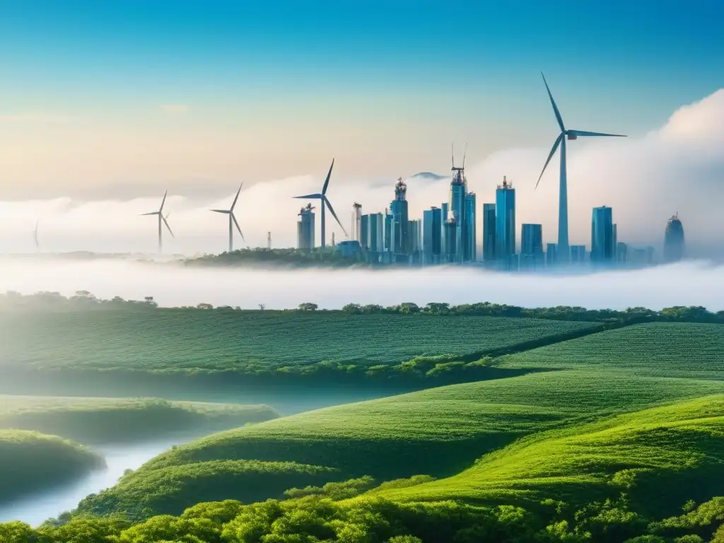 Metrópolis futurista eco-friendly: armonía entre ciudad y naturaleza Una ciudad futurista con edificaciones sostenibles integradas en la naturaleza, rodeada de energía renovable y vegetación exuberante