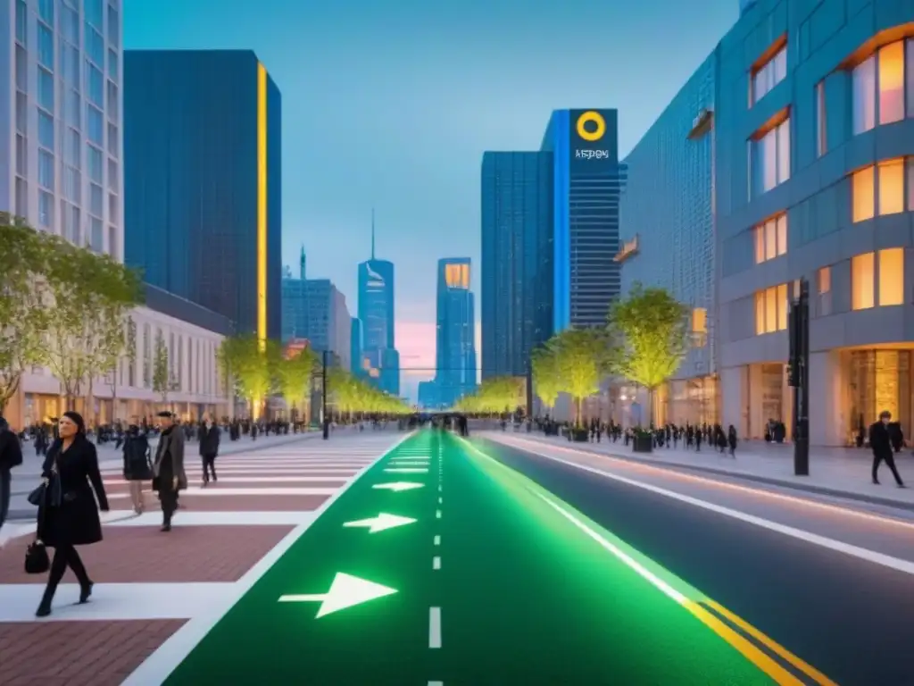 Metrópolis futurista: armonía entre desarrollo urbano y sostenibilidad Una ciudad futurista con edificios altos, espacios verdes y movilidad sostenible, iluminada por luces LED