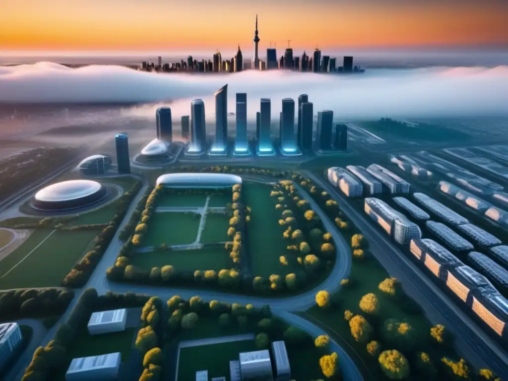 Metrópolis futurista: arquitectura AI y naturaleza en armonía Una ciudad futurista con edificios diseñados por Inteligencia Artificial, integrados con espacios verdes y tecnología avanzada al atardecer