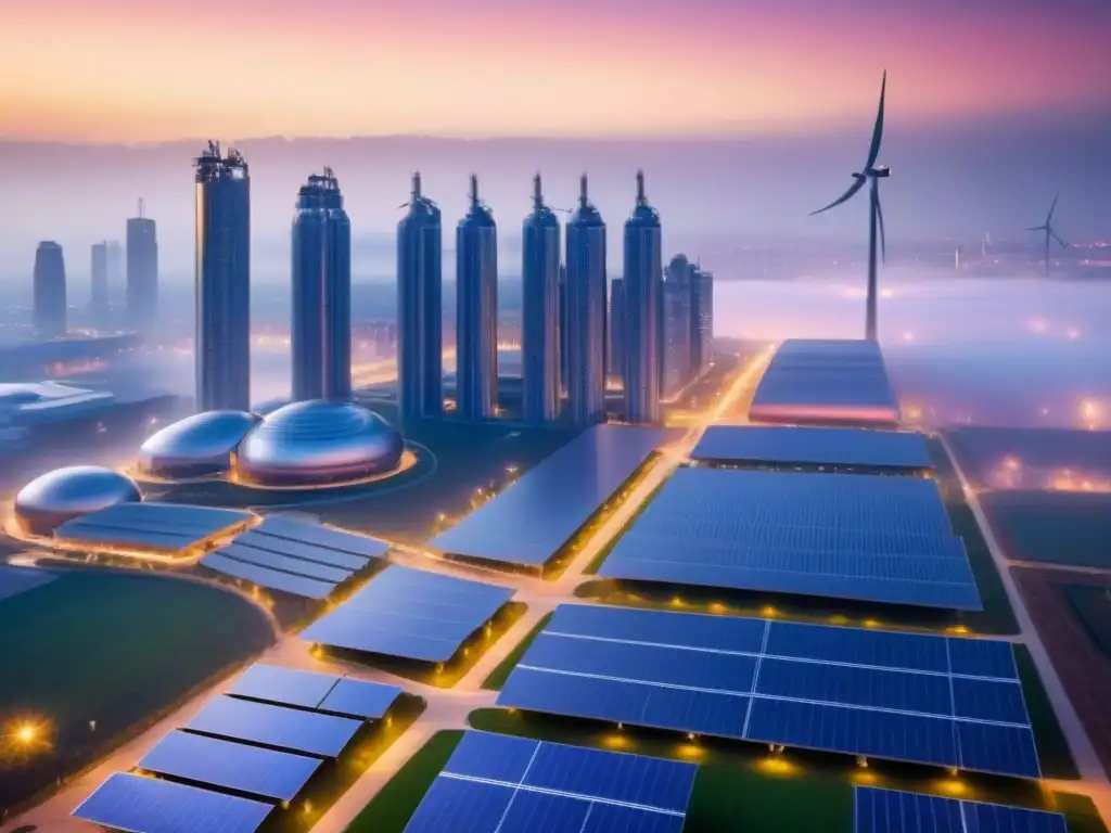 Metrópolis futurista: diseño sostenible y energético Una ciudad futurista al anochecer, con edificios energéticamente eficientes y paneles solares brillando