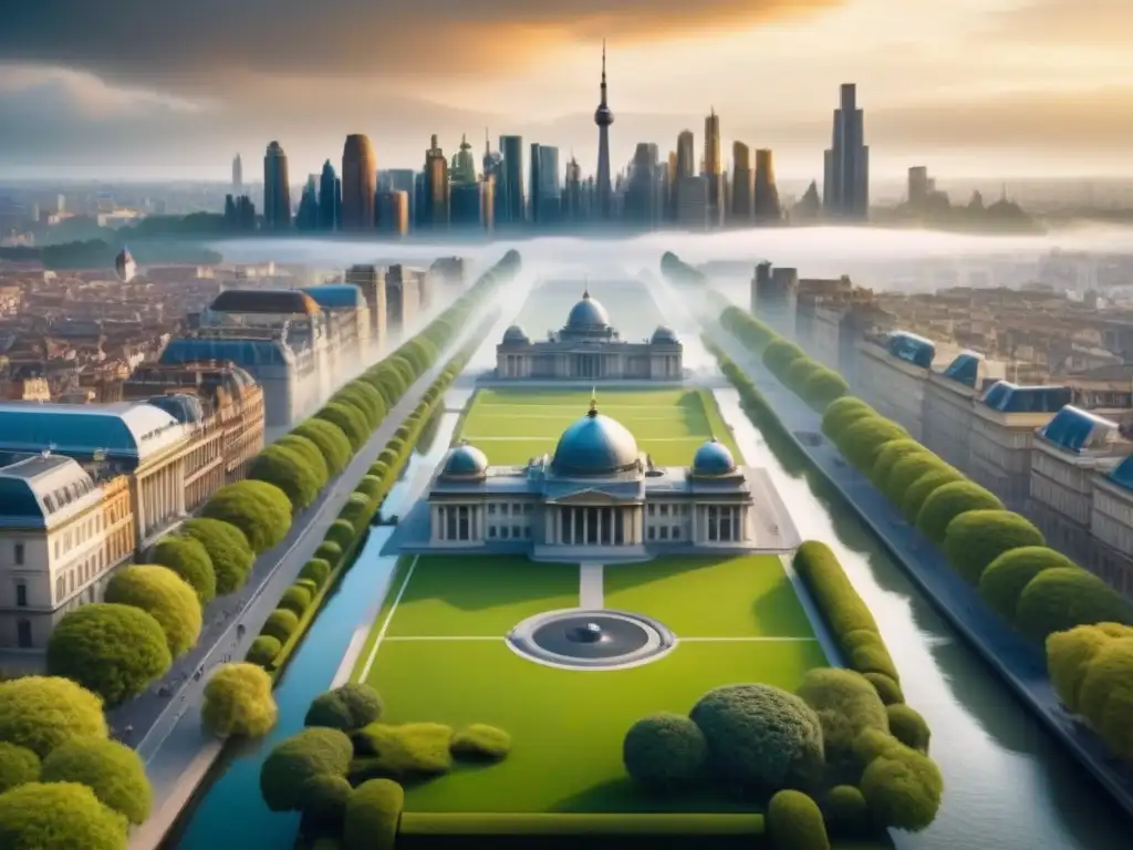 Cityscape futurista: fusión histórica y moderna en 8k Una ciudad futurista integrando edificios históricos con diseños modernos, destacando la conservación de propiedades históricas inmobiliarias