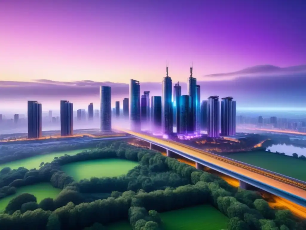 Vista panorámica futurista de ciudad en 8k: naturaleza y tecnología Una ciudad futurista al anochecer con edificios iluminados, transporte avanzado y espacios verdes