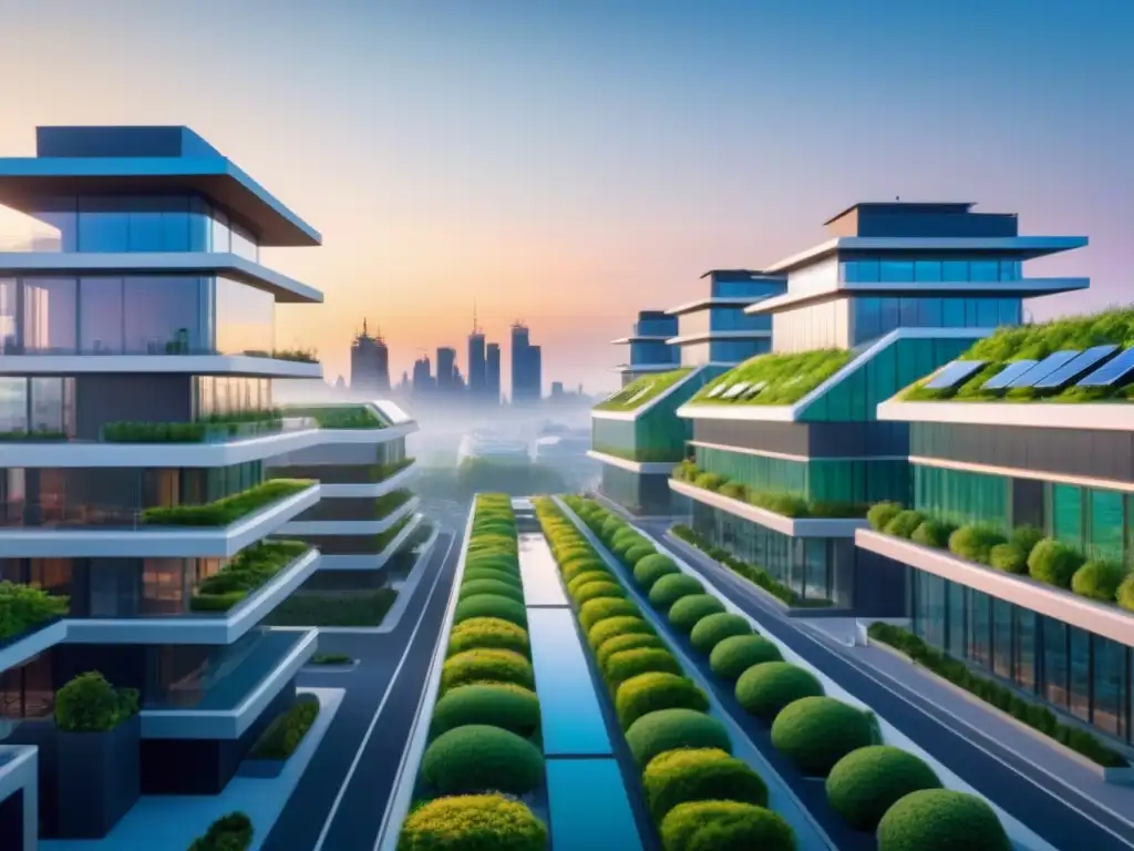 Metrópolis futurista sostenible: arquitectura verde en armonía Una ciudad futurista con edificios sostenibles y certificaciones verdes en inversión inmobiliaria