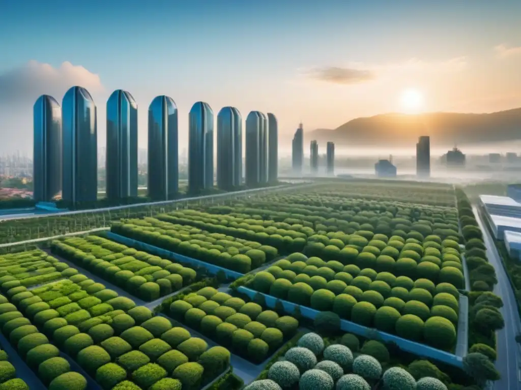 Metrópolis futurista sostenible con IA: ciudad verde y vanguardista Una ciudad futurista con edificios sostenibles e integrados con Inteligencia Artificial en proyectos inmobiliarios