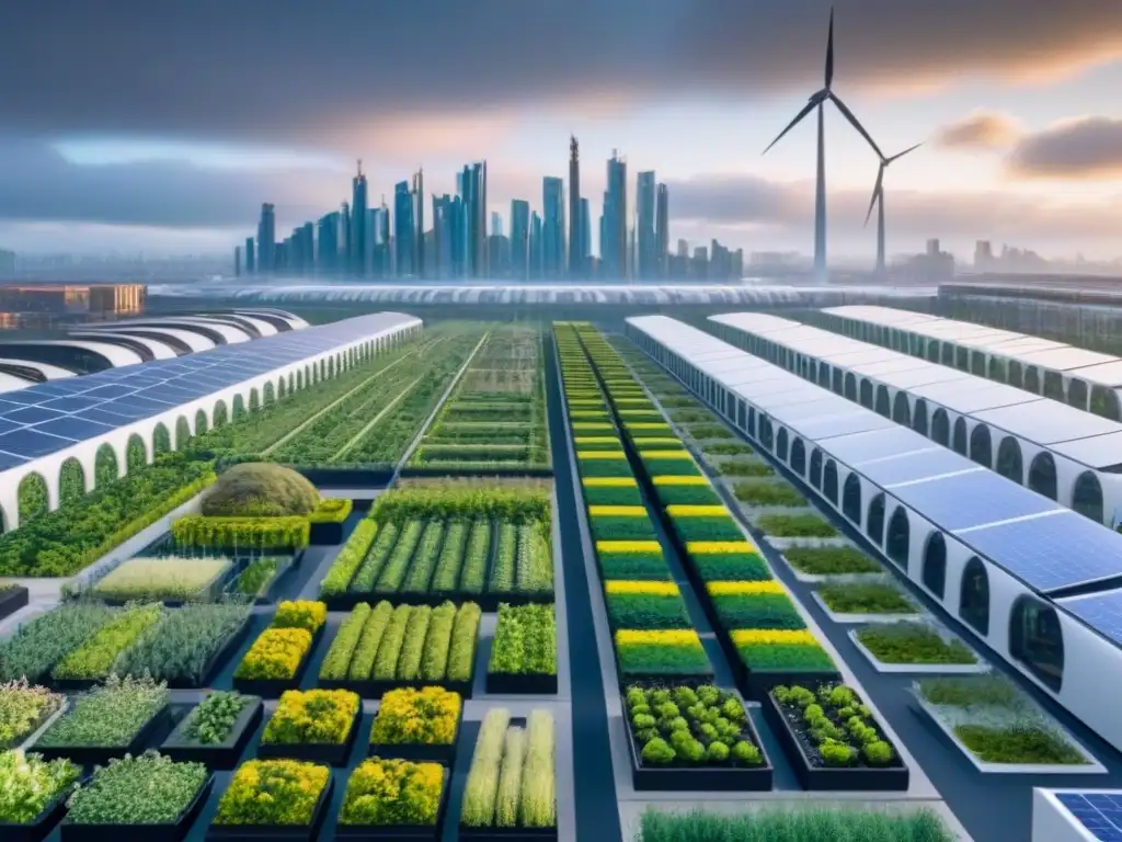 Cityscape futurista: edificios sostenibles, energía renovable y movilidad eléctrica Una ciudad futurista con edificios sostenibles de materiales innovadores, techos verdes, paneles solares y jardines verticales