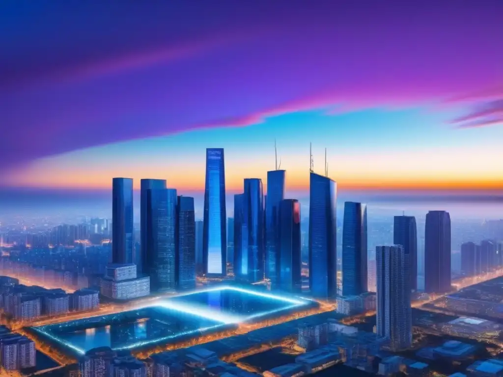 Metrópolis futurista blockchain: revolución inmobiliaria Una ciudad futurista con edificios transparentes interconectados que muestran la tecnología blockchain en el mercado inmobiliario