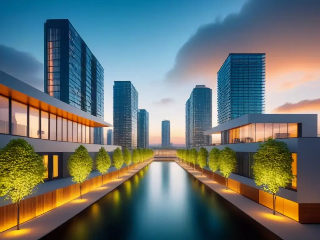 Metrópolis futurista: innovación urbana y armonía en edificios mixtos Una ciudad futurista con edificios de uso mixto, innovadores y armoniosos