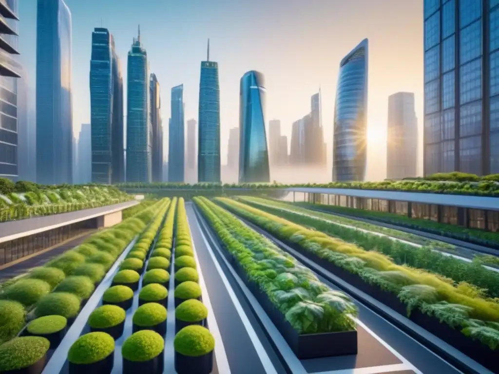 Cityscape futurista: edificios verdes en armonía con la naturaleza Una ciudad futurista con edificios verdes integrados en el entorno urbano, simbolizando la restauración de edificios para inversión