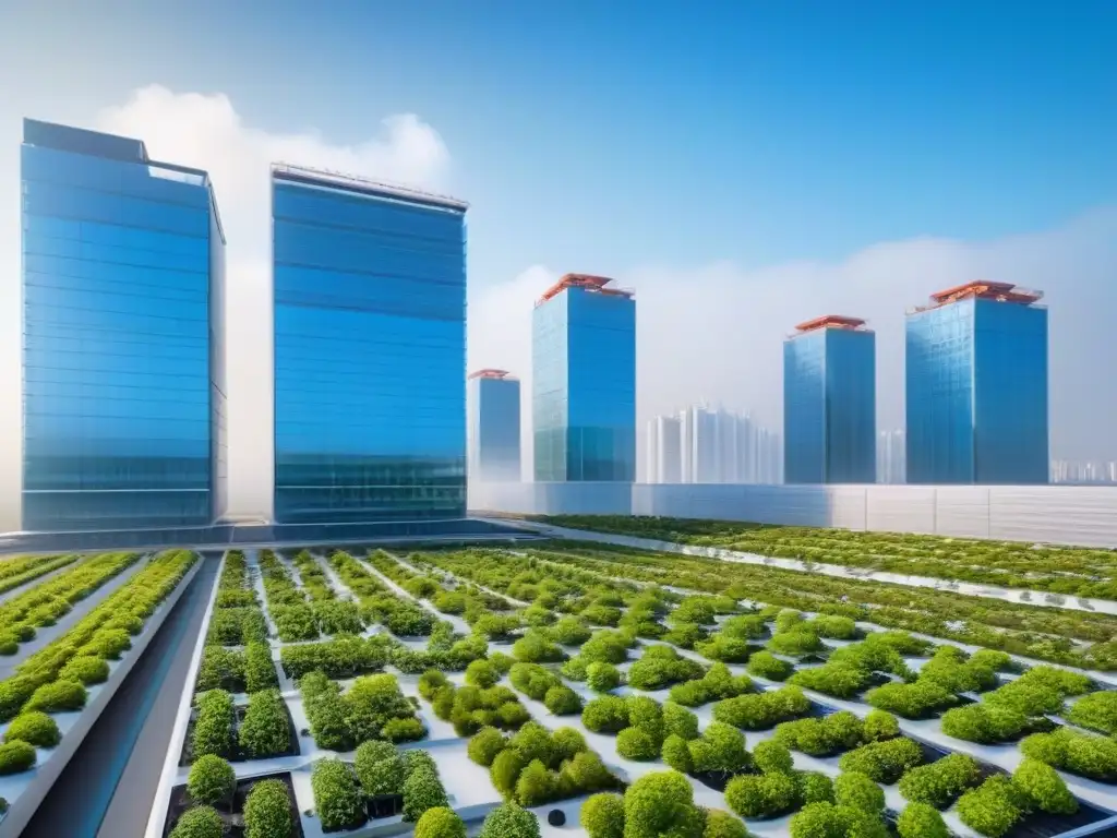 Horizonte verde: arquitectura futurista sostenible Una ciudad futurista con edificios verdes y energéticamente eficientes, destacando la certificación verde para propiedades