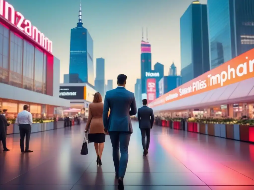Metrópolis futurista: inversión y crecimiento en centros comerciales Una ciudad futurista y elegante al anochecer con rascacielos imponentes y luces de neón brillantes