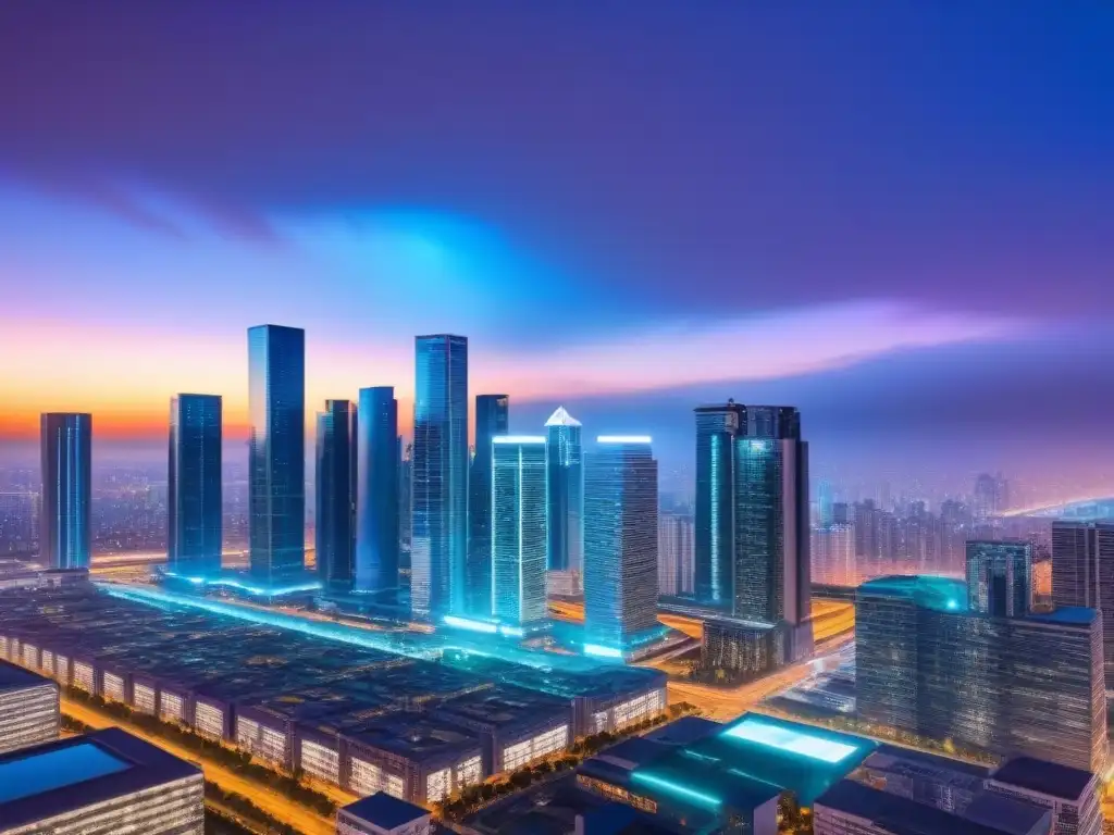 Metrópolis futurista: innovación y colaboración inmobiliaria Una ciudad futurista con IA fijando precios inmobiliarios, drones y rascacielos brillantes en la noche