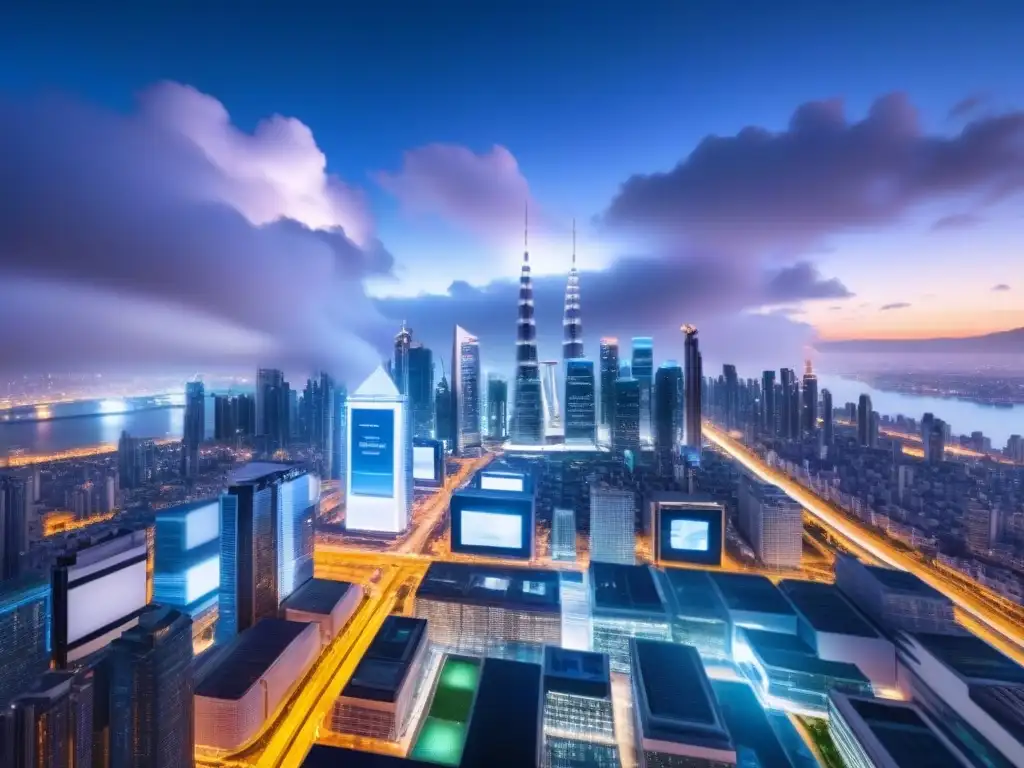 Metrópolis futurista: ciberseguridad en rascacielos Una ciudad futurista iluminada con algoritmos de ciberseguridad en sector inmobiliario