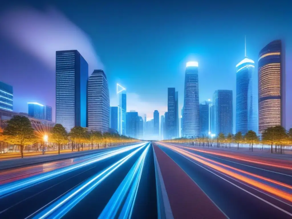 Metrópolis futurista: Big Data en el mercado inmobiliario Una ciudad futurista iluminada por datos inmobiliarios en tiempo real, reflejando el uso innovador del Big Data