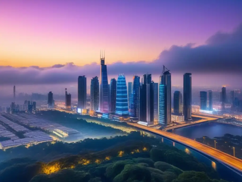 Horizonte urbano futurista: arquitectura vanguardista y diseño innovador Una ciudad futurista iluminada por luces de neón, simbolizando el financiamiento de proyectos inmobiliarios con derivados