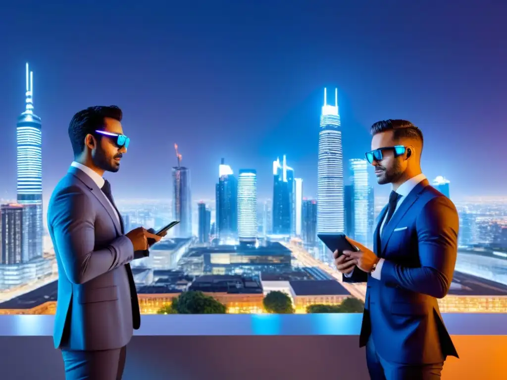 Innovación tecnológica en inversión inmobiliaria Una ciudad futurista iluminada por luces de neón muestra profesionales analizando datos inmobiliarios con tecnología de vanguardia