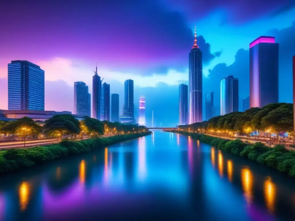 Cityscape futurista con luces neón y drones avanzados Una ciudad futurista iluminada por luces neón con drones y vegetación, ideal para Herramientas valoración propiedades tiempo real