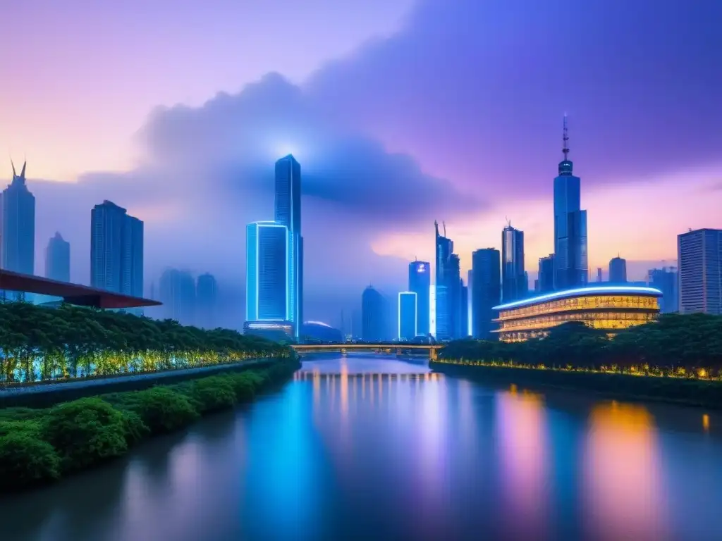 Metrópolis futurista: inteligencia artificial y valor inmobiliario Una ciudad futurista al anochecer, iluminada por luces de neón y rascacielos reflejándose en un río
