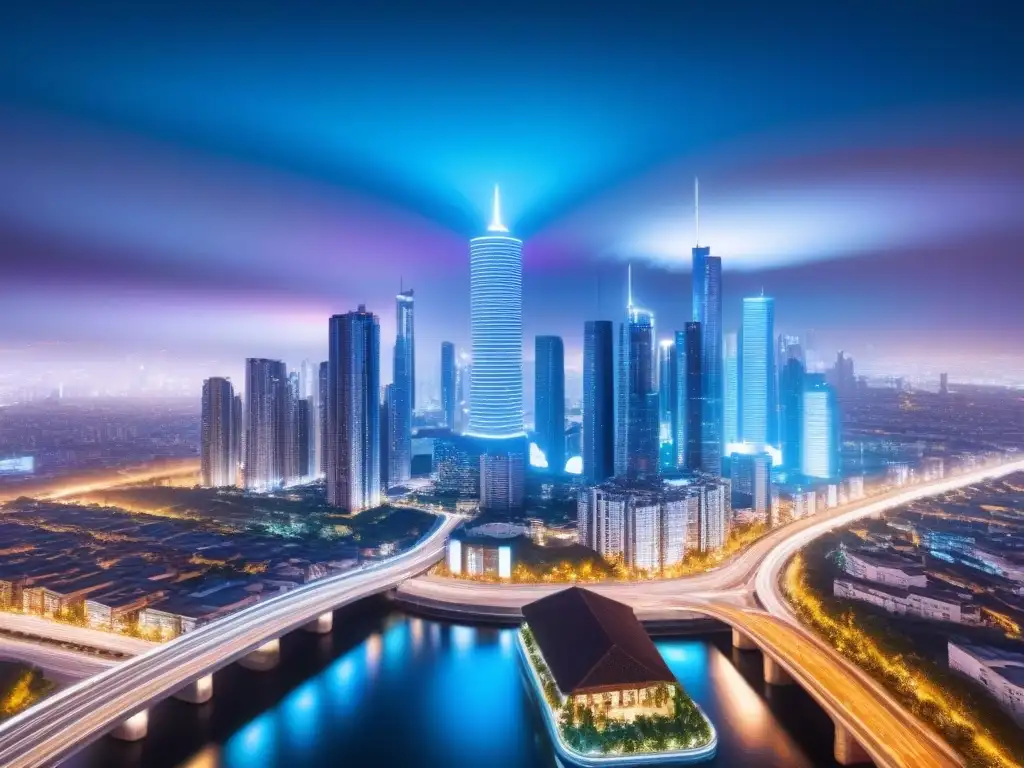 Metrópolis del futuro: IA revoluciona inversión inmobiliaria Una ciudad futurista iluminada por luces de neón y pantallas holográficas, con algoritmos de IA analizando datos inmobiliarios en tiempo real