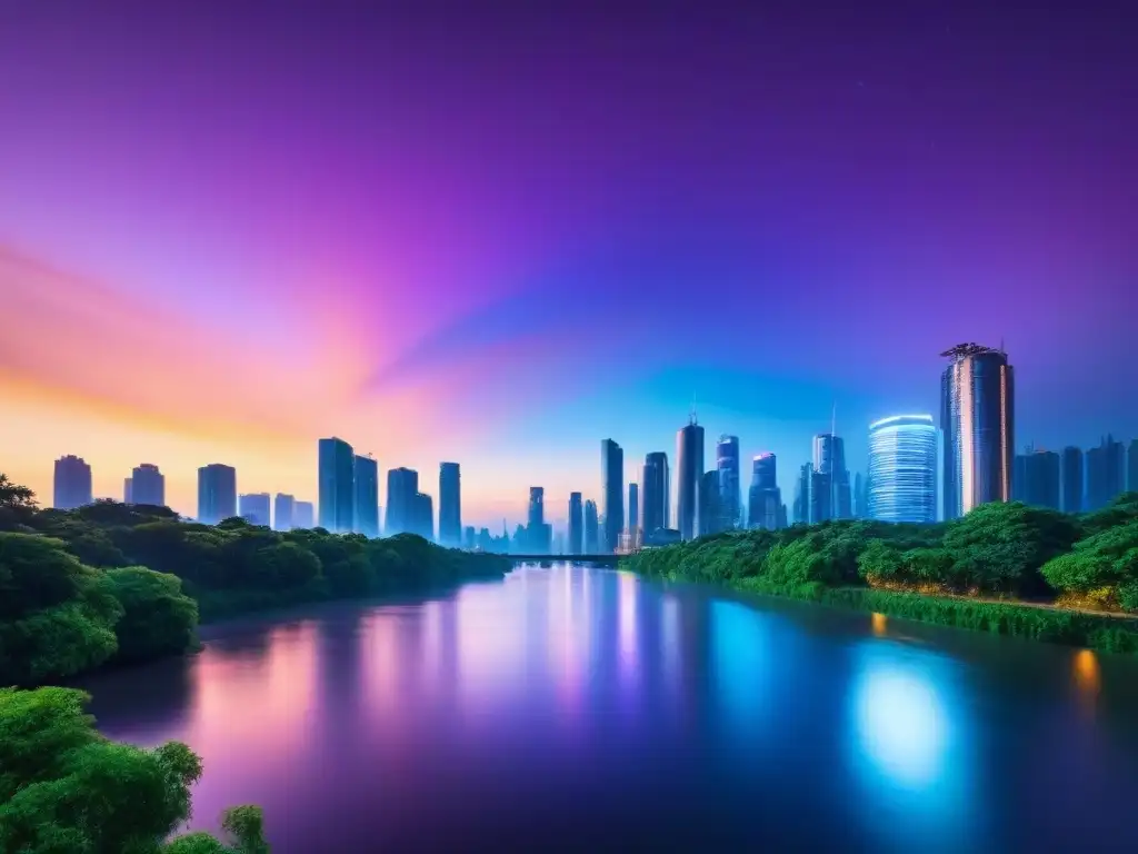 Metrópolis futurista: luces neón sobre río sereno Una ciudad futurista iluminada por luces de neón al anochecer