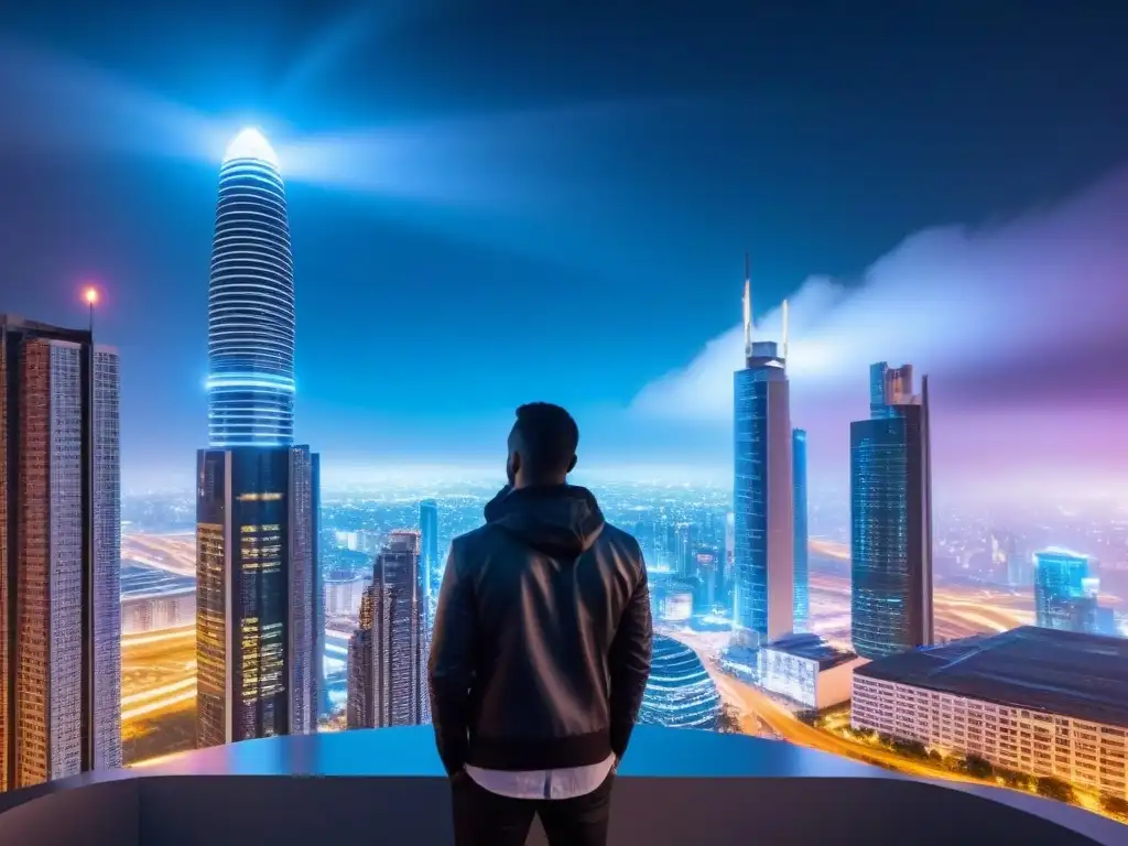 Innovación inmobiliaria: profesionales y tecnología AI en ciudad futurista Una ciudad futurista iluminada por neones, donde profesionales usan Inteligencia Artificial en el mercado inmobiliario
