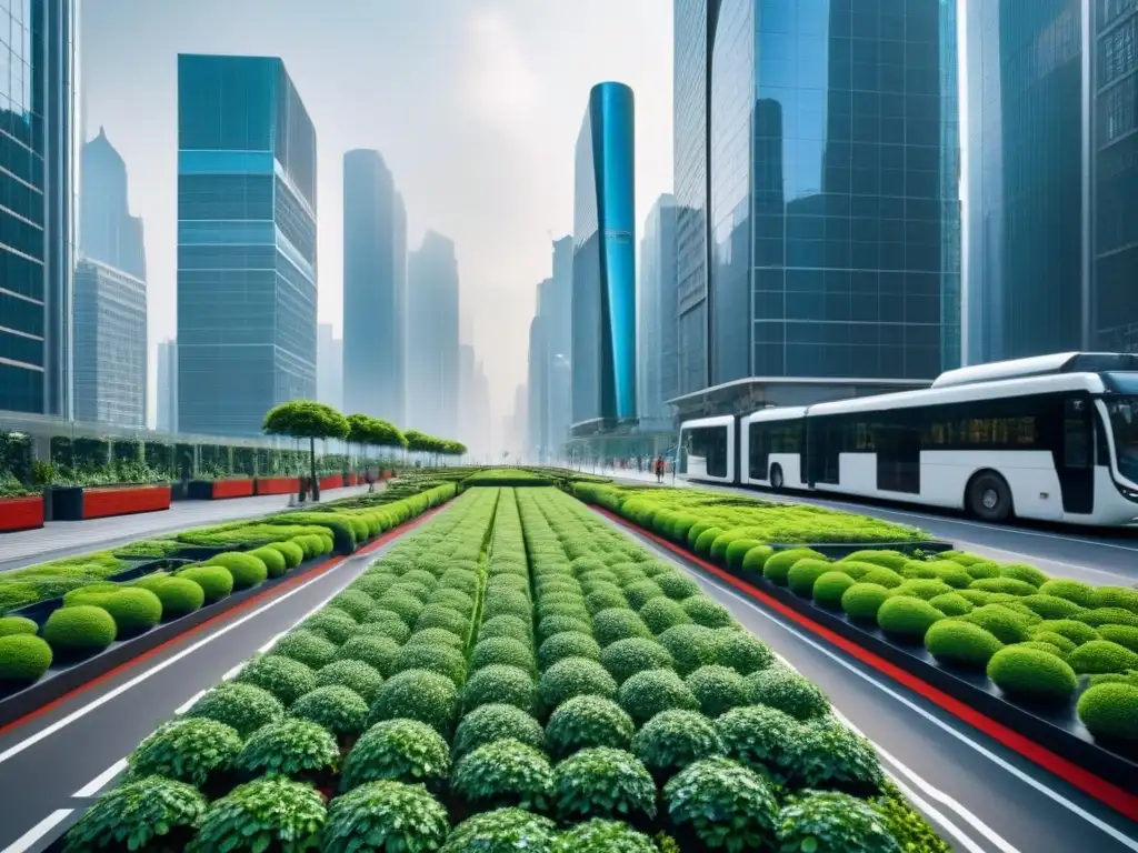 Metrópolis futurista con infraestructura verde integrada Una ciudad futurista con infraestructura verde integrada, tecnología avanzada y armonía entre regulaciones y inversiones