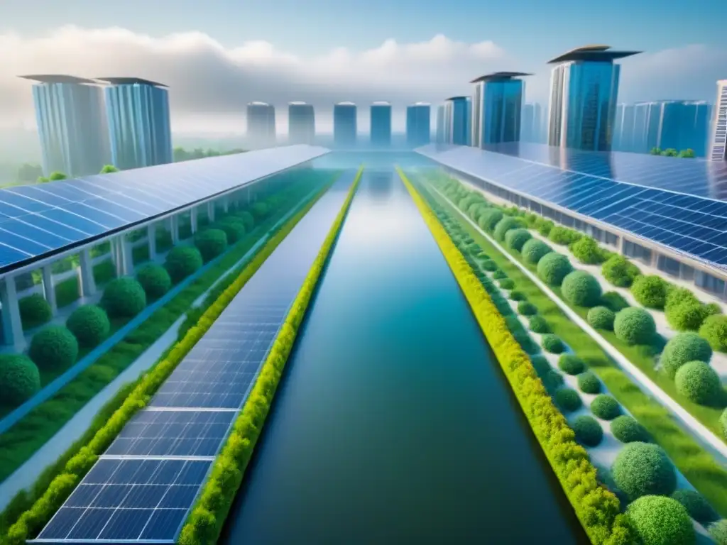 Visiones del futuro: Ciudad sostenible y climáticamente resiliente Una ciudad futurista integrada con la naturaleza, mostrando edificios climáticamente resilientes