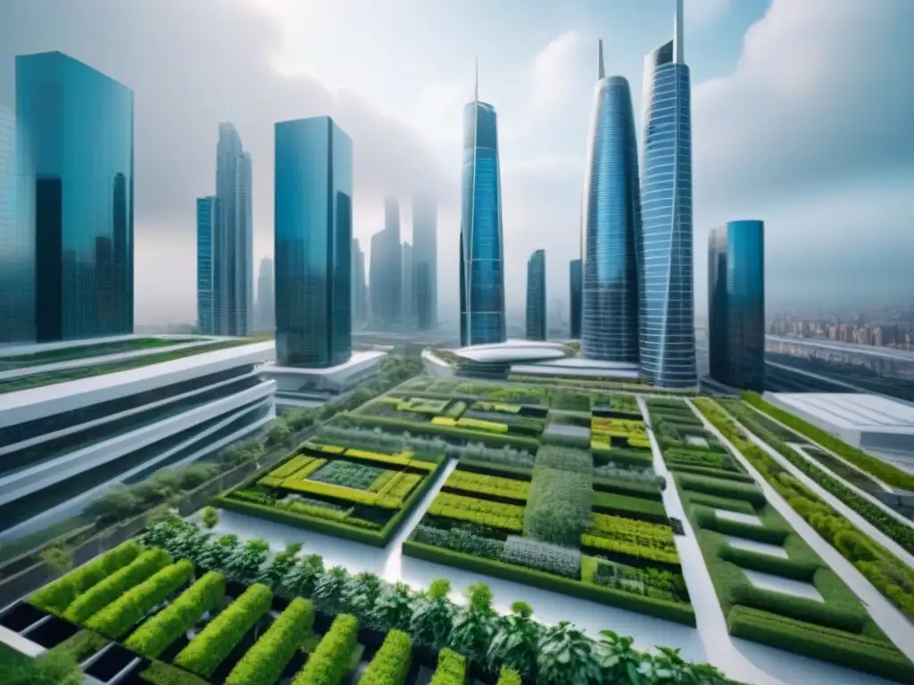 Metrópolis futurista eco-sostenible con tecnologías verdes avanzadas Una ciudad futurista donde la Inteligencia Artificial en proyectos inmobiliarios se fusiona con la naturaleza y la tecnología avanzada