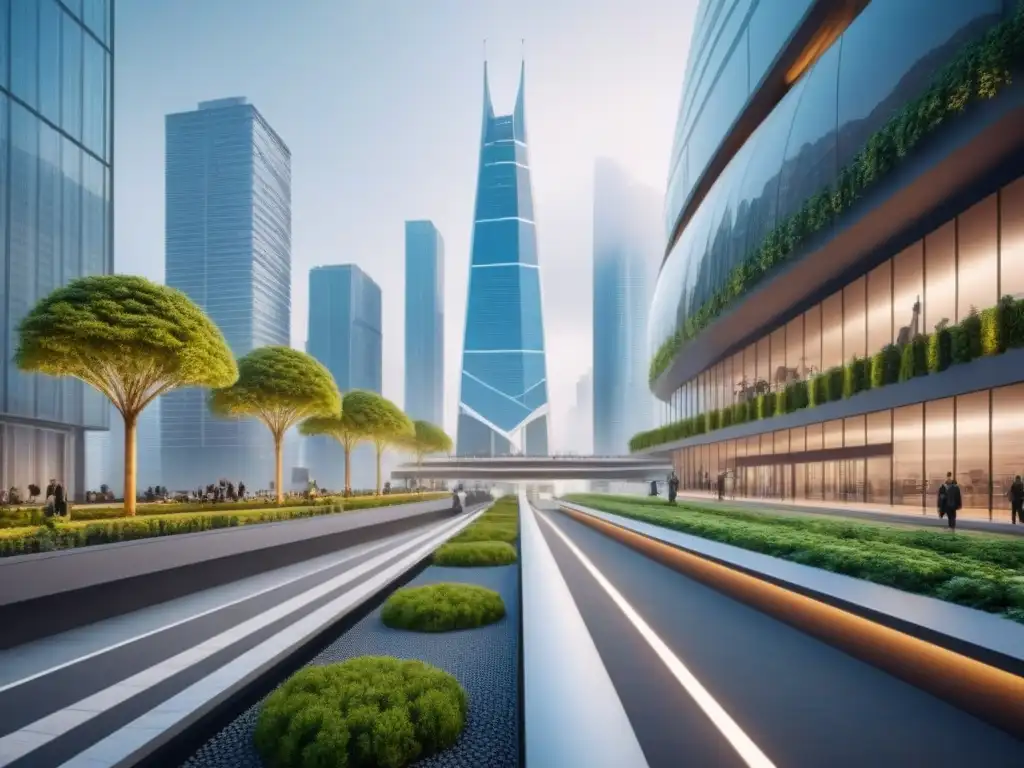 Cityscape futurista: arquitectura vanguardista y naturaleza Una ciudad futurista donde la inteligencia artificial en arquitectura brilla en su perfecta fusión entre modernidad y naturaleza